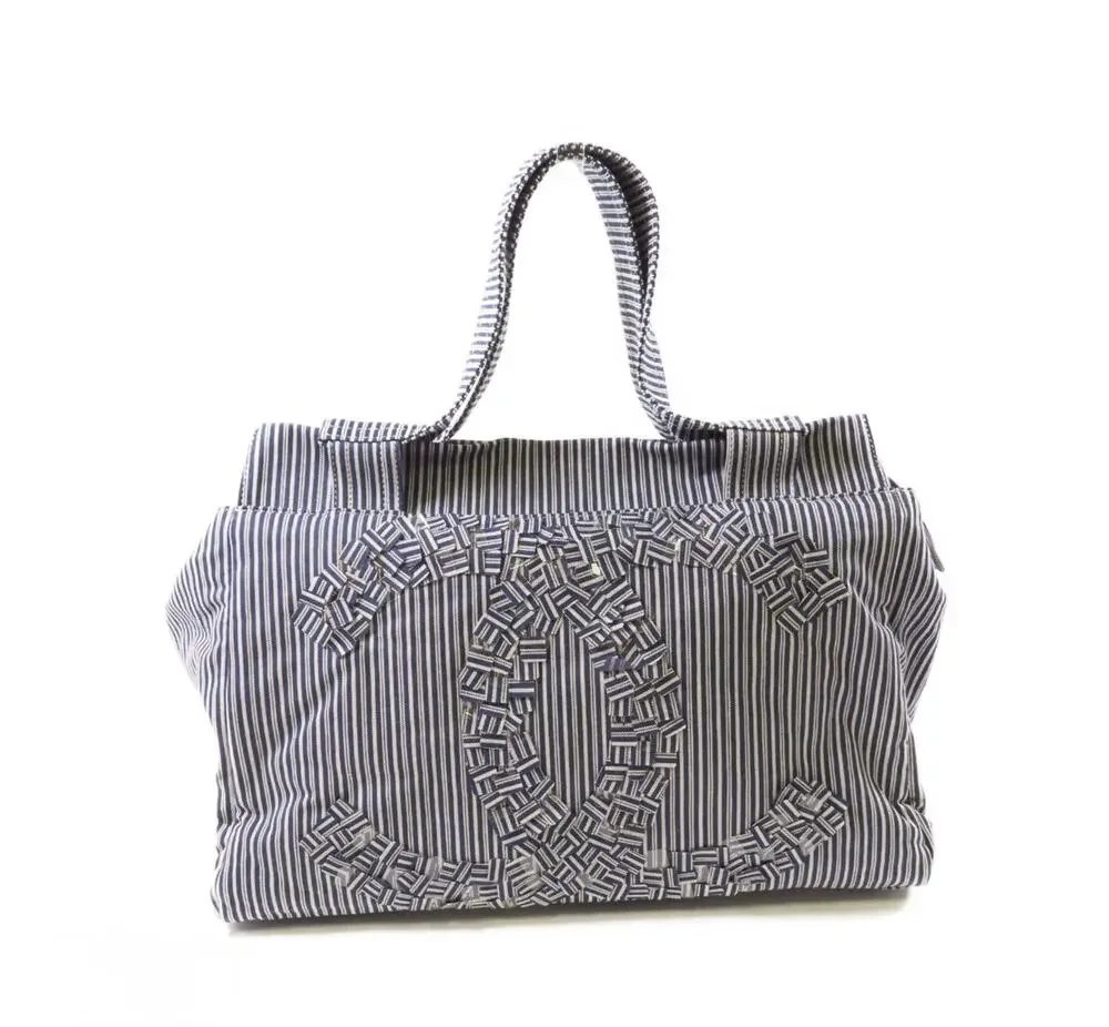 5396 - Chanel Canvas CC Striped Tote Bag Ginpaku Hand Stitched